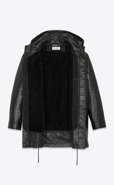 Long parka in aged leather and shearling